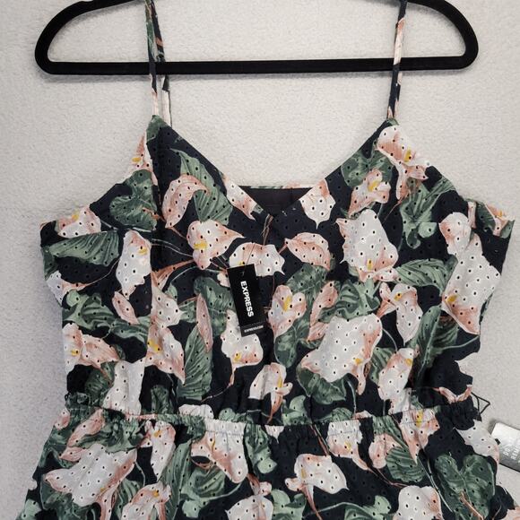 Express Tiered Trapeze Dress Womens Large Floral Print Eyelet V-Neck Tiered - Picture 4 of 16
